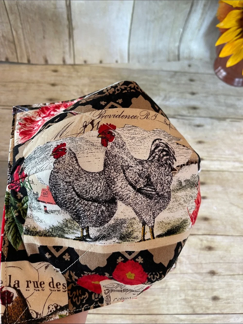 Microwave / Ice Cream Bowl Cozy Chickens Reversible Flowers Red Accents